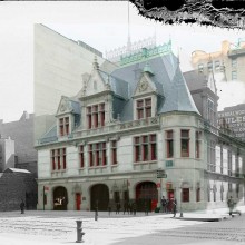 PHOTOMONTAGE OF THE 1897 ENGINE COMPANY 31 FIREHOUSE AND THE CURRENT DCTV, WHICH HOSTED THE VAEFF GALA AND THE OLYMPIA BROTHEL